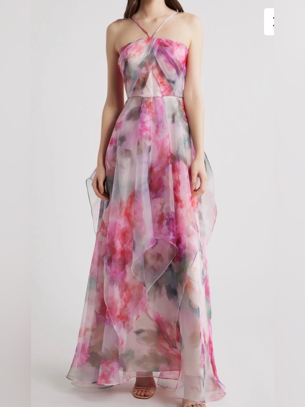 NWOT Eliza J Pink Floral Chiffon Strap Ballgown, Size 8